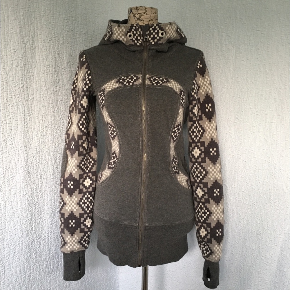 lululemon athletica Gray Zip-Up Hooded Jacket with Patterned Sleeves